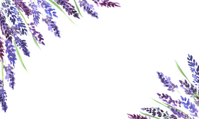 Watercolor frame with lavender flowers. Lilac lavender flowers on a white background. Illustration for postcards, banners, birthdays, weddings, gifts, decor.