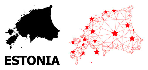 Wire frame polygonal and solid map of Estonia. Vector structure is created from map of Estonia with red stars. Abstract lines and stars form map of Estonia.