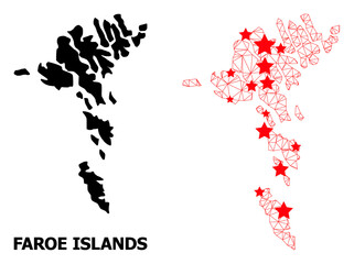 Wire frame polygonal and solid map of Faroe Islands. Vector structure is created from map of Faroe Islands with red stars. Abstract lines and stars are combined into map of Faroe Islands.