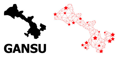 Obraz premium Carcass polygonal and solid map of Gansu Province. Vector model is created from map of Gansu Province with red stars. Abstract lines and stars are combined into map of Gansu Province.