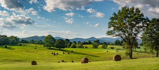 Foto op Plexiglas Hay bales in pasture on horse farm in shadow of the Blue Ridge Mountains in central Virginia near Charlottesville. © Gerry