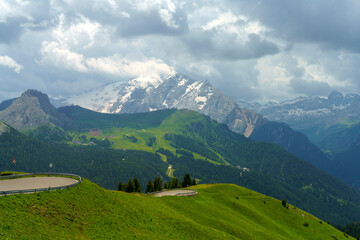 Mountain landscape along the road to Sella pass, Dolomites