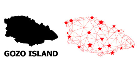 Wire frame polygonal and solid map of Gozo Island. Vector model is created from map of Gozo Island with red stars. Abstract lines and stars are combined into map of Gozo Island.