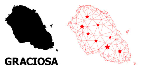 Carcass polygonal and solid map of Graciosa Island. Vector structure is created from map of Graciosa Island with red stars. Abstract lines and stars form map of Graciosa Island.