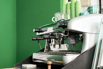 Professional coffee machine in coffee shop close up