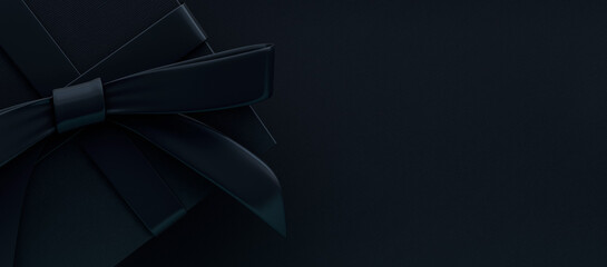 Large black gift box with black bow on black background 3D Rendering	