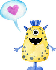 Watercolor illustration of yellow single-eyed monster with heart cloud. Hand-drawn character on white background. © annakonchits