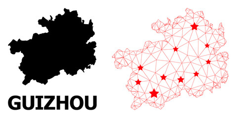 Wire frame polygonal and solid map of Guizhou Province. Vector model is created from map of Guizhou Province with red stars. Abstract lines and stars form map of Guizhou Province.