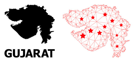 Carcass polygonal and solid map of Gujarat State. Vector structure is created from map of Gujarat State with red stars. Abstract lines and stars are combined into map of Gujarat State.