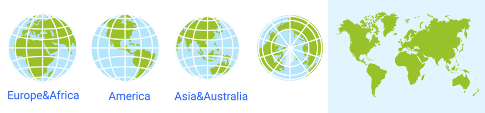 globe world icon. world map. Globe of Asia Australia, Europe, Africa, North America, South America, Arctic. Vector earth map with parallels and meridians
