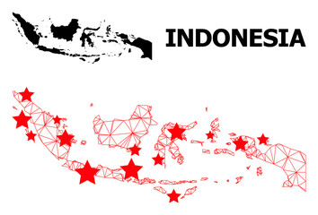 Wire frame polygonal and solid map of Indonesia. Vector structure is created from map of Indonesia with red stars. Abstract lines and stars are combined into map of Indonesia.