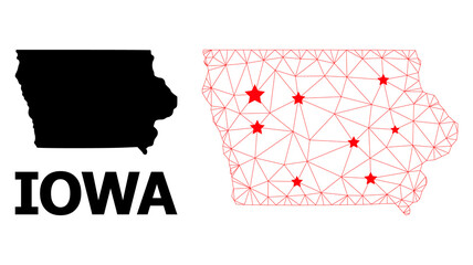 Wire frame polygonal and solid map of Iowa State. Vector model is created from map of Iowa State with red stars. Abstract lines and stars form map of Iowa State.