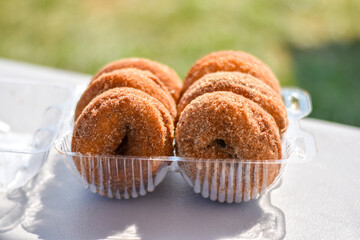 Handmade apple cinnamon doughnuts in Markham, Virginia. Made with fresh, hand-picked apples. Concept for agritourism.