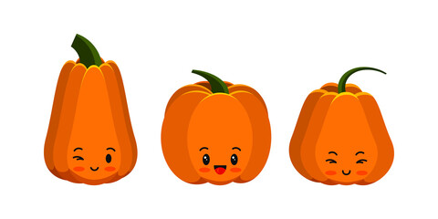 Pumpkin cute emoji icon set isolated on white. Thanksgiving, halloween emoticon character collection. Farm harvest, closeup squash. Kawaii flat design cartoon gourd. Vector food vegetable illustration