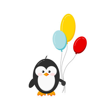 Cute penguin holding balloons isolated on white background. Black funny bird animal with three ballons in wing. Flat design cartoon style vector illustration.