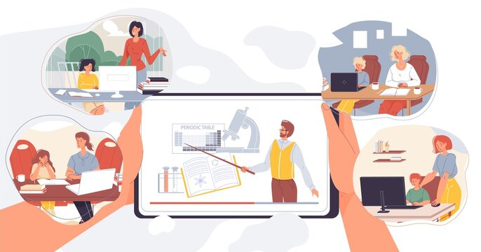 Chemistry online lesson home schooling for kid. Parent help children student to learn school subject on internet via laptop computer. Teacher on mobile tablet screen. Digital learning, virtual class