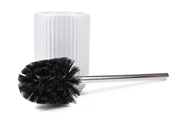 New black toilet brush with metal handle and white ceramic container isolated on white background