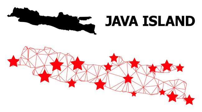 Carcass polygonal and solid map of Java Island. Vector model is created from map of Java Island with red stars. Abstract lines and stars are combined into map of Java Island.