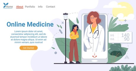 Obraz na płótnie Canvas Online medicine affordable on smartphone landing page design. Sick woman patient suffering from fever getting test result from doctor on mobile phone screen. Video call with practitioner