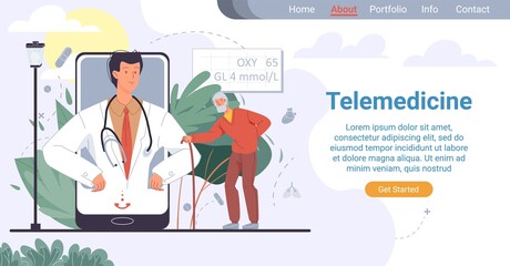Obraz na płótnie Canvas Telemedicine for elderly people. Online healthcare service for old patient. Medical landing page. Senior man asked doctor for help, listening to test result from therapist on mobile screen
