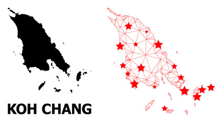 Mesh polygonal and solid map of Koh Chang. Vector model is created from map of Koh Chang with red stars. Abstract lines and stars form map of Koh Chang.