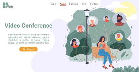 Fototapeta premium People participating in video conference via smartphone. Woman using mobile application to call online sitting on bench in park. Internet technology, digital communication. Landing page layout design