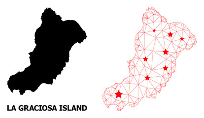 Mesh polygonal and solid map of La Graciosa Island. Vector structure is created from map of La Graciosa Island with red stars. Abstract lines and stars are combined into map of La Graciosa Island.