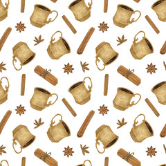 Repeat pattern of winter hot drink cup and cinnamon watercolor illustration of food dessert image, menu, greeting card, winter holidays celebration design, simple pattern