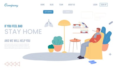 Medical help service for sick people landing page. Man suffering from fever stay indoor waiting for first aid from emergency rescue team. Calling doctor for home visit while ill motivation