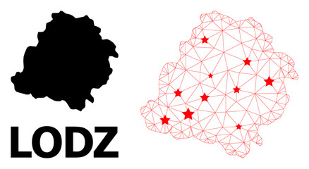 Carcass polygonal and solid map of Lodz Province. Vector model is created from map of Lodz Province with red stars. Abstract lines and stars are combined into map of Lodz Province.