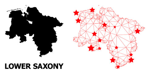 Wire frame polygonal and solid map of Lower Saxony State. Vector structure is created from map of Lower Saxony State with red stars. Abstract lines and stars form map of Lower Saxony State.