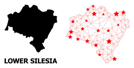 Network polygonal and solid map of Lower Silesia Province. Vector model is created from map of Lower Silesia Province with red stars. Abstract lines and stars form map of Lower Silesia Province. - obrazy, fototapety, plakaty