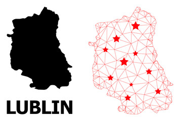 Mesh polygonal and solid map of Lublin Province. Vector structure is created from map of Lublin Province with red stars. Abstract lines and stars form map of Lublin Province.