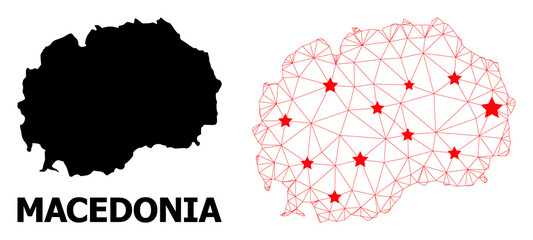 Mesh polygonal and solid map of Macedonia. Vector structure is created from map of Macedonia with red stars. Abstract lines and stars are combined into map of Macedonia.