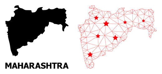 Network polygonal and solid map of Maharashtra State. Vector structure is created from map of Maharashtra State with red stars. Abstract lines and stars form map of Maharashtra State.