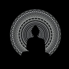 Lord Buddha graphic silhouette vector design with white mandala Pattern trendy black background.	
