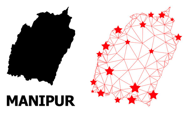 Carcass polygonal and solid map of Manipur State. Vector structure is created from map of Manipur State with red stars. Abstract lines and stars are combined into map of Manipur State.
