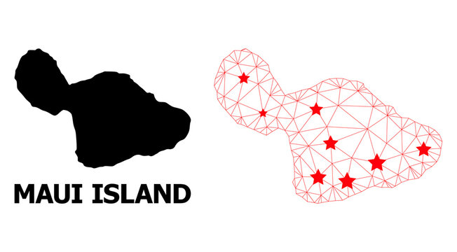 Network polygonal and solid map of Maui Island. Vector model is created from map of Maui Island with red stars. Abstract lines and stars are combined into map of Maui Island.