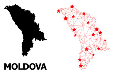 Obraz premium 2D polygonal and solid map of Moldova. Vector structure is created from map of Moldova with red stars. Abstract lines and stars are combined into map of Moldova.