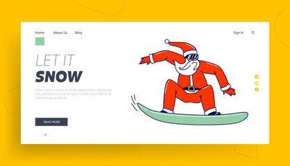 Funny Santa Claus in Traditional Red Costume Perform Stunts on Snowboard Landing Page Template. Christmas Sport Activity