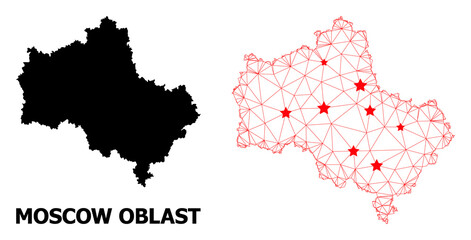 Wire frame polygonal and solid map of Moscow Region. Vector structure is created from map of Moscow Region with red stars. Abstract lines and stars form map of Moscow Region.