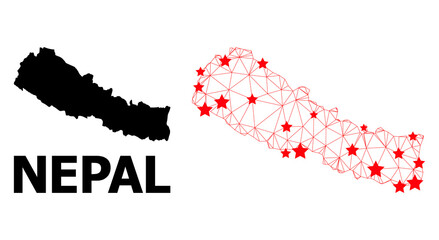 Network polygonal and solid map of Nepal. Vector structure is created from map of Nepal with red stars. Abstract lines and stars are combined into map of Nepal.