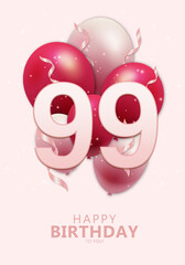 Happy 99th birthday with realistic red and rosegold balloons on light rose background. Set for Birthday, Anniversary, Celebration Party. Vector stock.