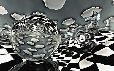 Abstract illustration of chess figures at play. 3D rendering