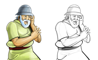 Naklejka premium cartoon sketch scene with roman or greek ancient character warrior or gladiator on white background - illustration