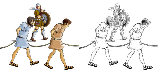 Naklejka premium cartoon sketch scene with roman or greek ancient character warrior or gladiator on white background - illustration