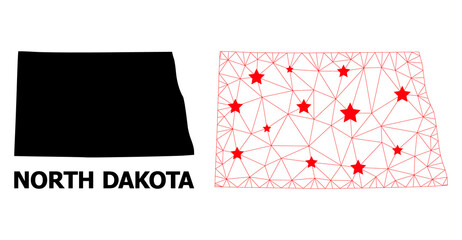 Wire frame polygonal and solid map of North Dakota State. Vector model is created from map of North Dakota State with red stars. Abstract lines and stars form map of North Dakota State.