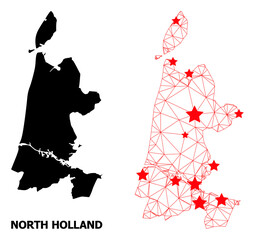 Network polygonal and solid map of North Holland. Vector structure is created from map of North Holland with red stars. Abstract lines and stars are combined into map of North Holland.