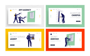 Special Agents Spying Landing Page Template Set. People Spraying Poison on Door Handle, Use Technics and Equipment