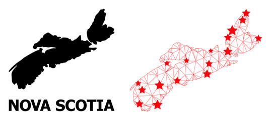 Obraz premium Carcass polygonal and solid map of Nova Scotia Province. Vector model is created from map of Nova Scotia Province with red stars. Abstract lines and stars form map of Nova Scotia Province.